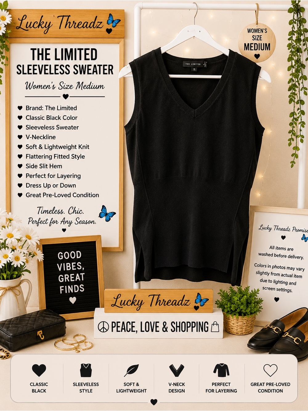 The Limited Black Sleeveless V-Neck Sweater